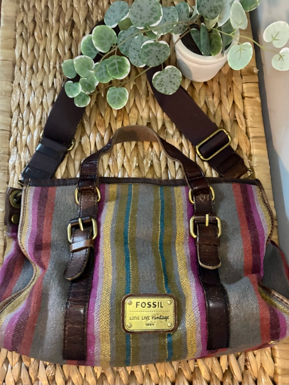 Vintage Fossil Striped Fabric Crossbody with Brown Leather Trim